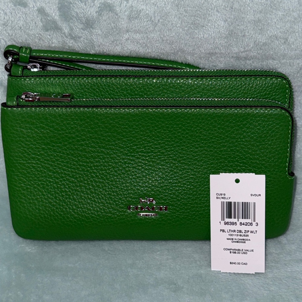 Coach Vibrant Green Double-Zip Wristlet - Picture 10 of 14